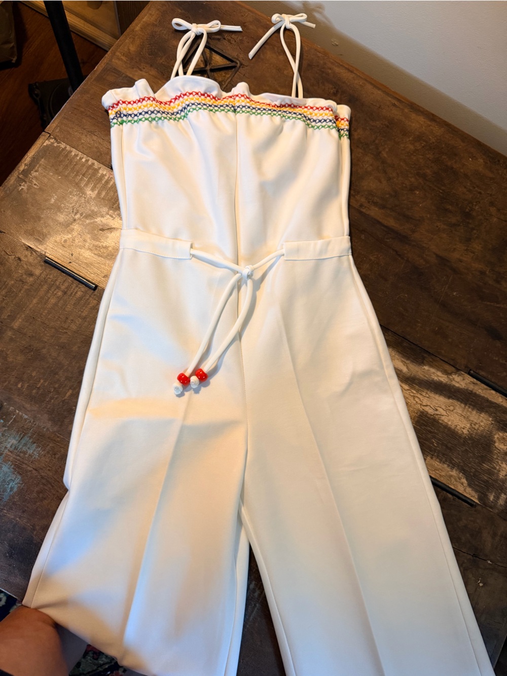 VINTAGE 70s! White Knit Jersey Jumpsuit with Smocked Rainbow Trim, drawstring - Picture 9 of 16